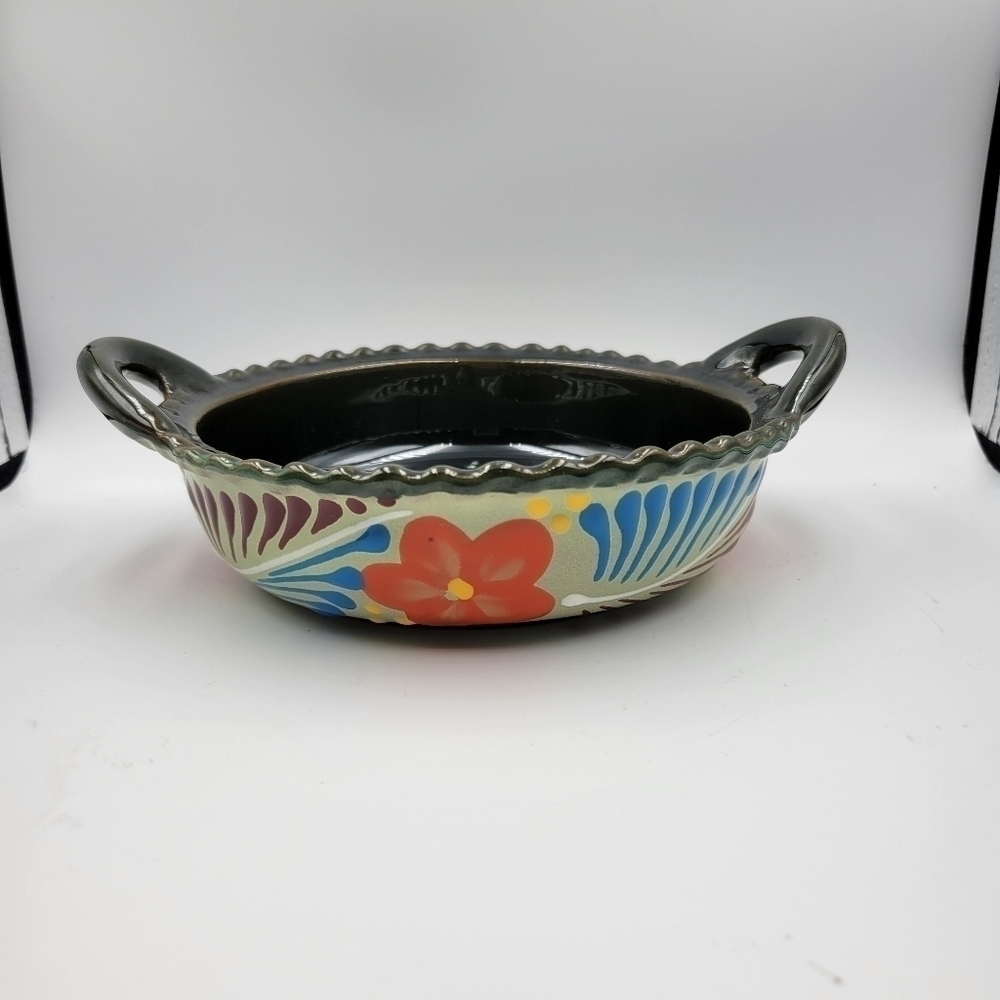 Small Painted Mexican Pottery Bowl with Handles